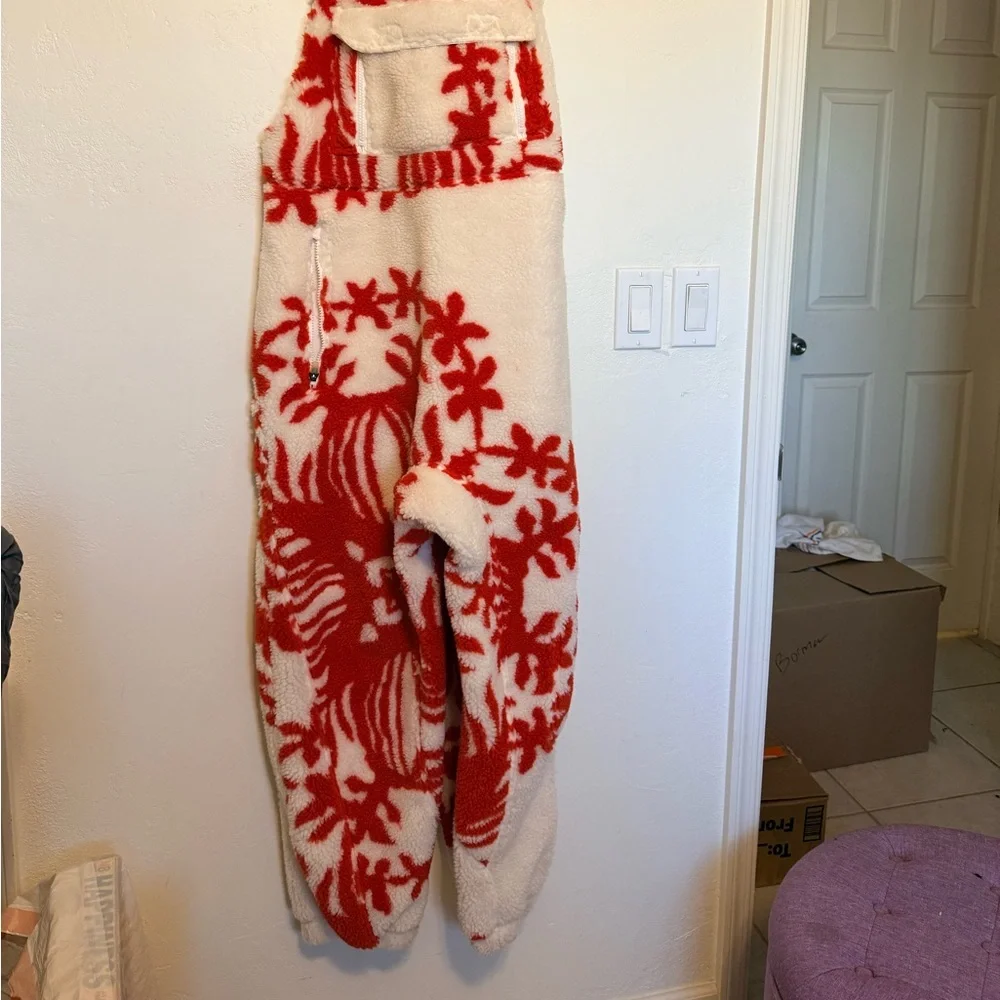 Free People Cozy Red & White Fleece Overalls Snow Pants - Picture 2 of 15
